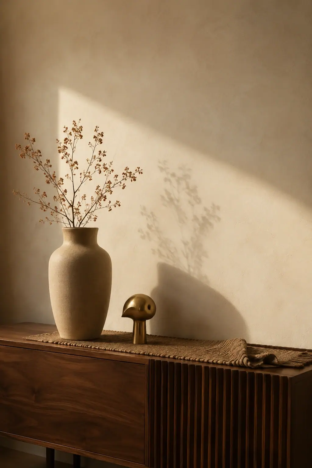 Decorative wall panelling with a fluted section, a brass wall light and finishing pieces