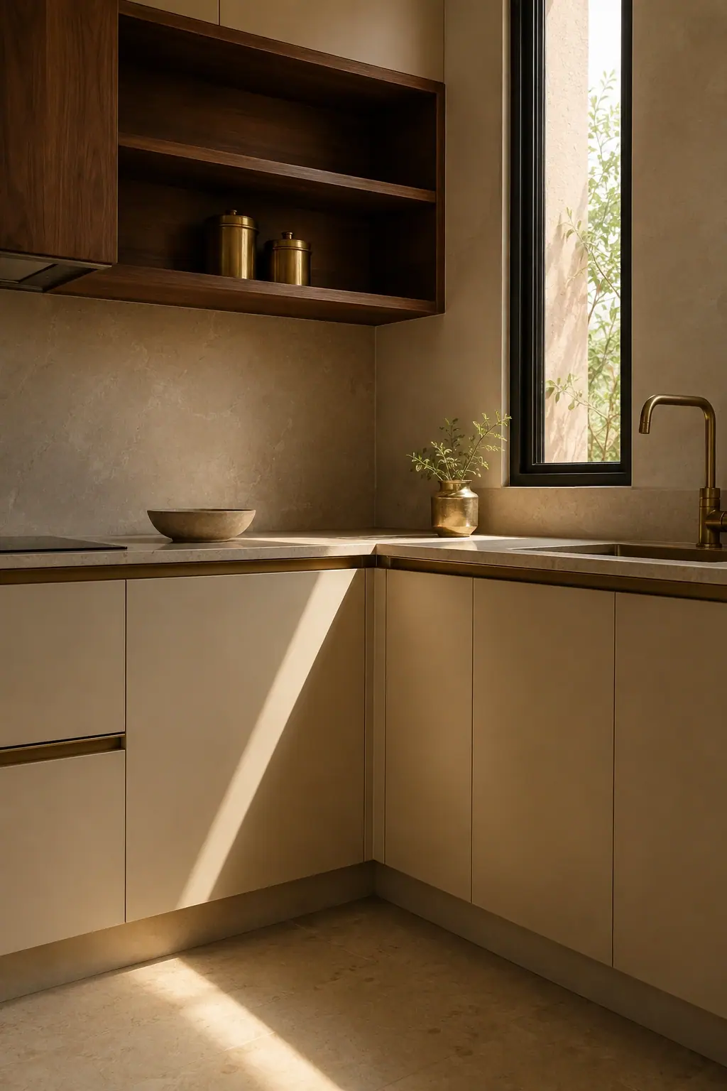 A modular kitchen run in cream matte fronts with a walnut open niche and a stone counter