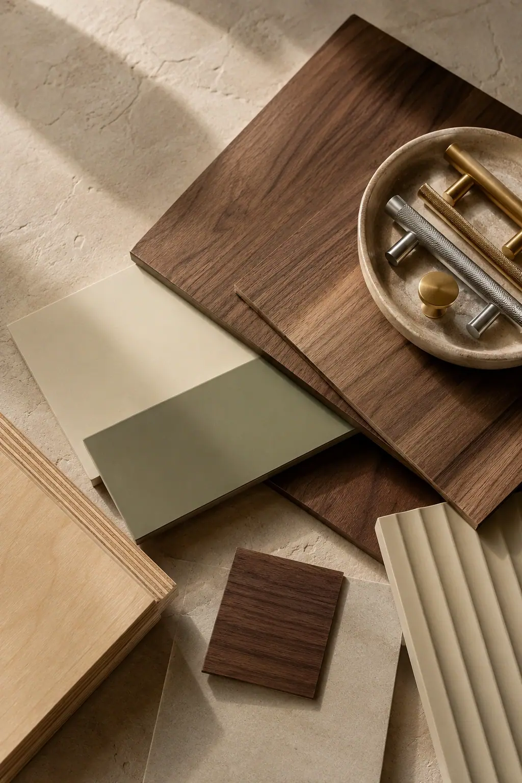 Stacked veneer, laminate and plywood samples with visible edges and grain