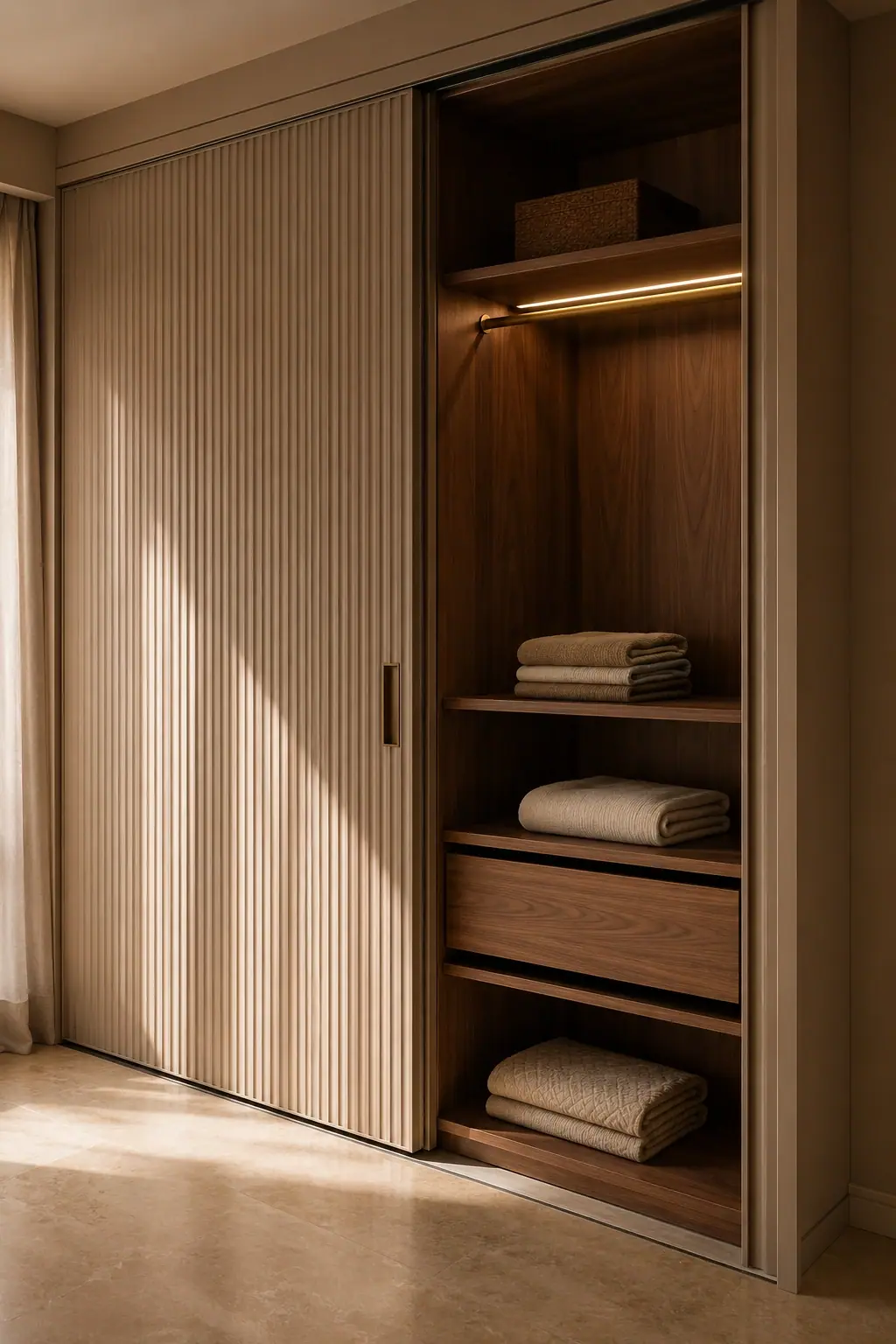 A fitted wardrobe in matte oat with slim vertical handles and an open section showing internal drawers