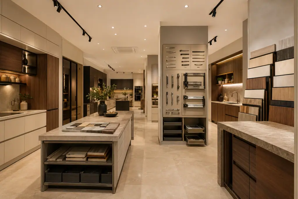 The BNG Design Studio experience centre in Basni, with display kitchen runs and hardware demonstration units