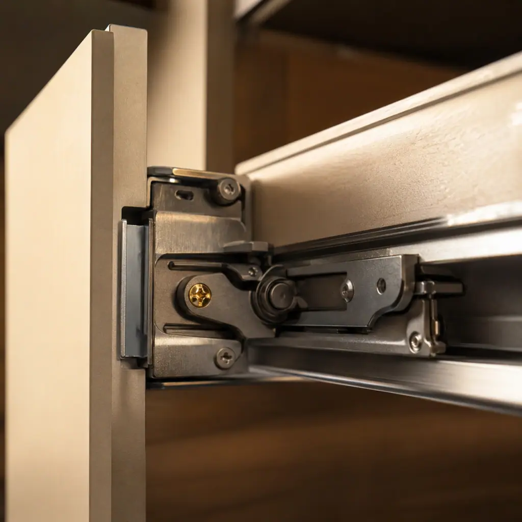 Close detail of a soft-close drawer runner and concealed hinge in brushed metal