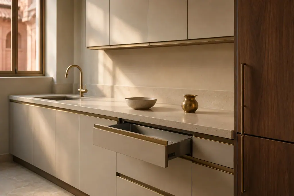 A modular kitchen in cream and walnut with a stone counter and tall units running to the ceiling