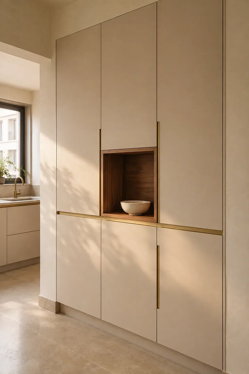 Floor-to-ceiling kitchen tall unit in matte cream with a walnut open niche