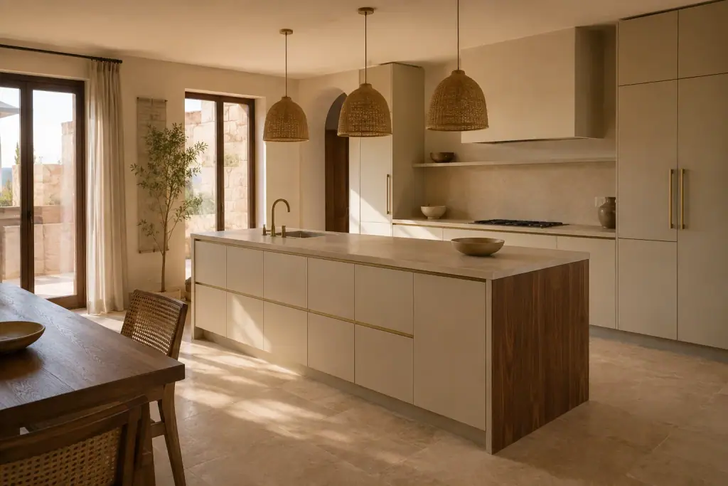 Open-plan island kitchen in oat and walnut with three pendant lights