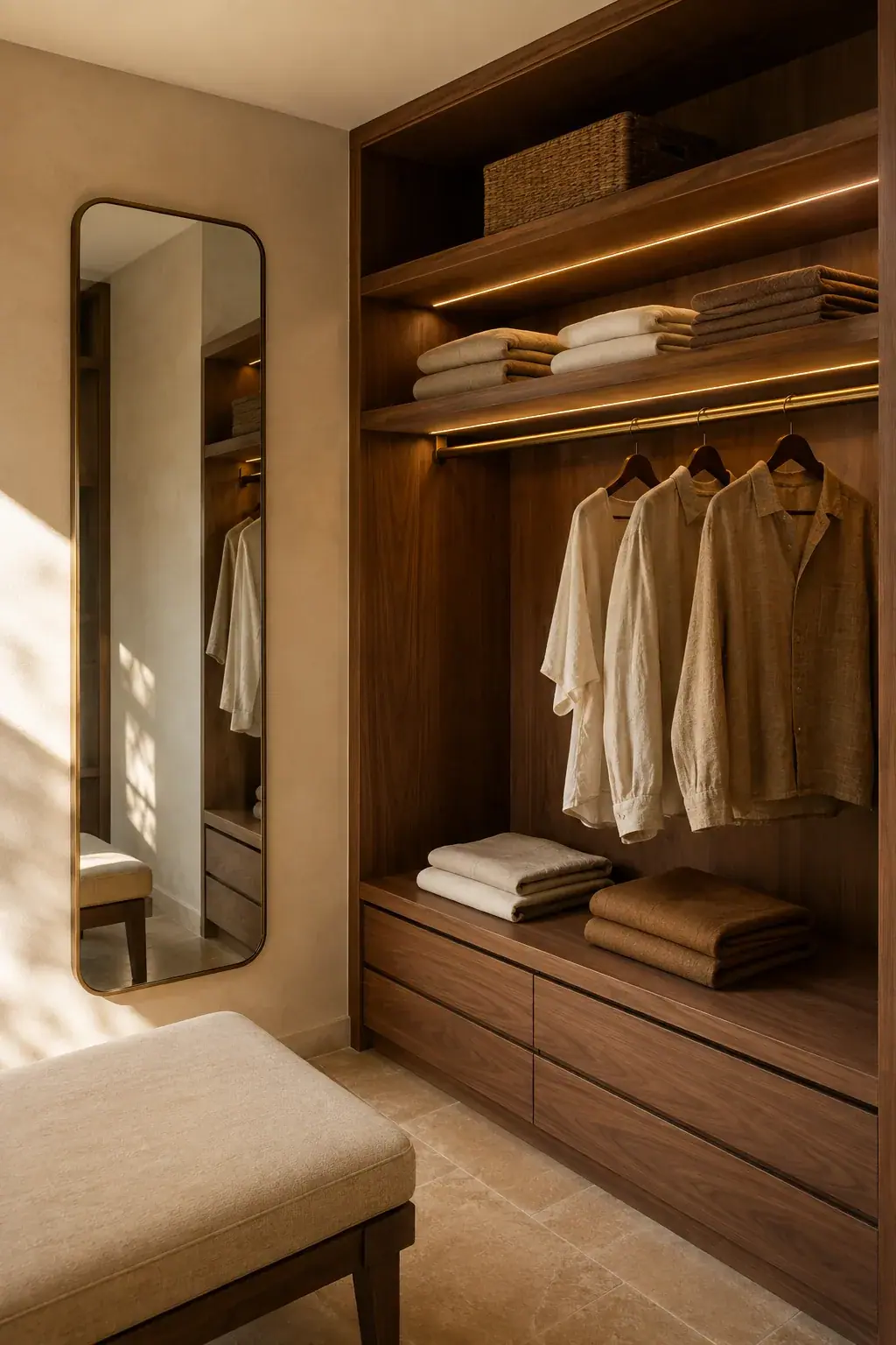 Walk-in wardrobe corner with open walnut shelving and a brass hanging rail