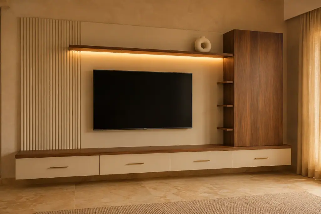 Media and storage wall in cream and walnut with a fluted panel section