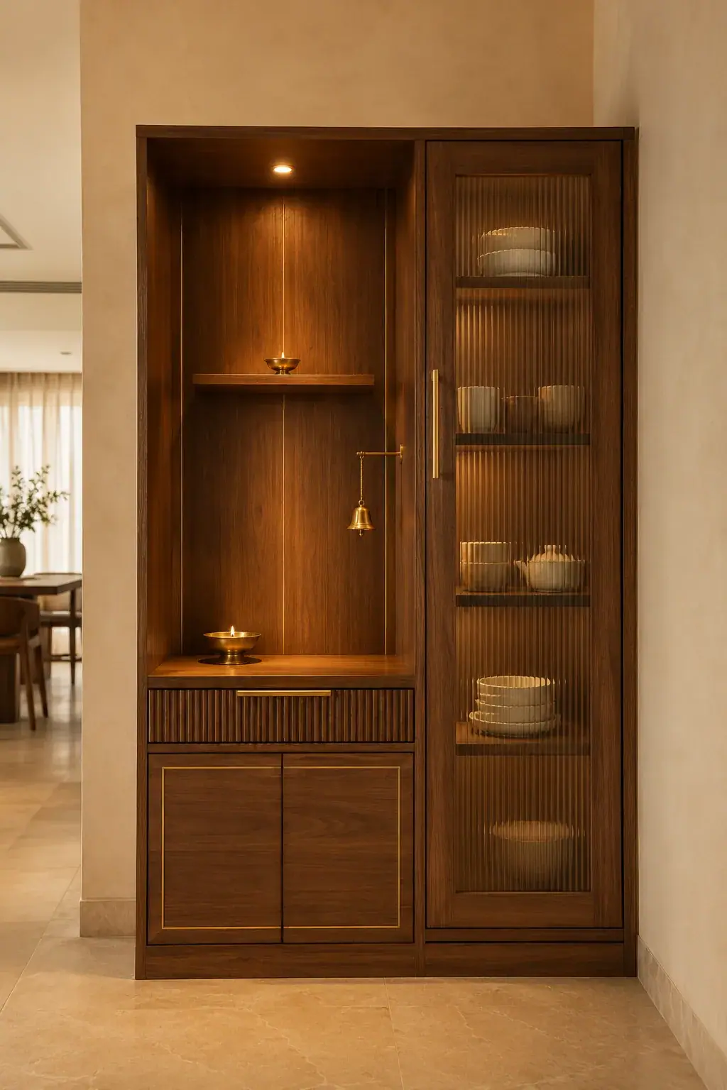 Compact pooja and crockery unit in walnut with a fluted glass door