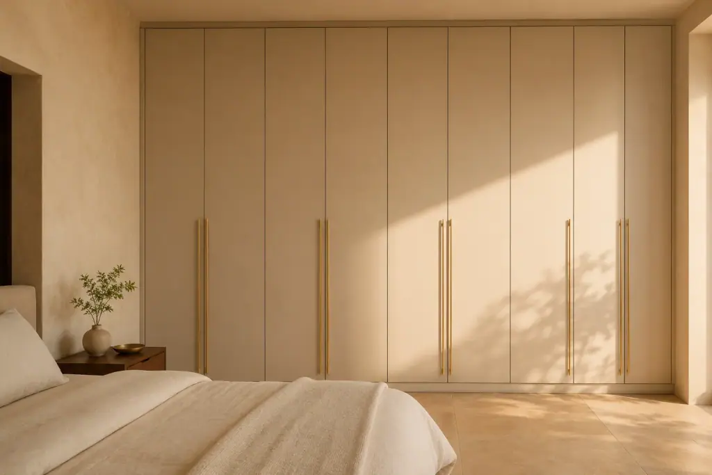Full wall of fitted wardrobe in matte oat with slim vertical brass handles